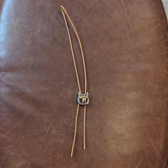 Other - Vintage Western Bolo Necktie w/ Golden Saddle & Silvertone Stirrup Sliding Clip